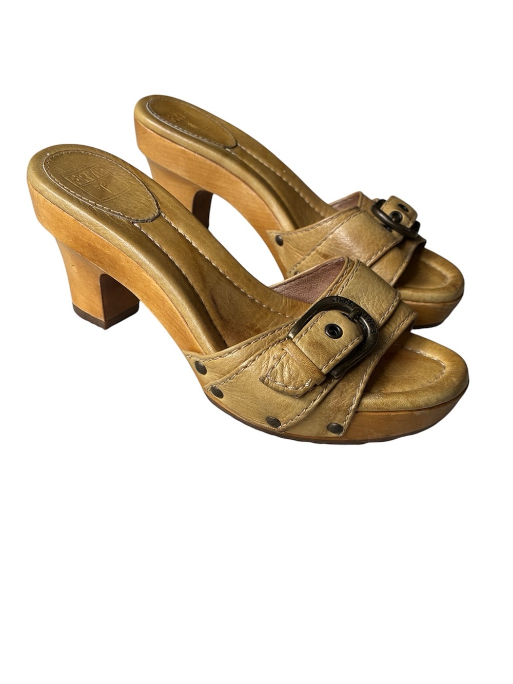 Frye Women's Tan Leather Savannah Buckle Slide Heel Size 6.5